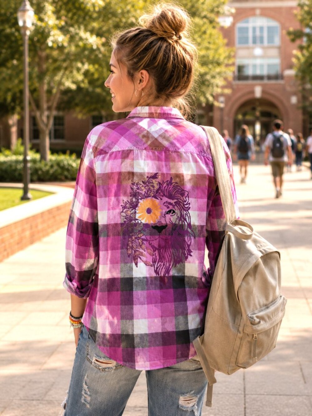 Upcycled Bleached Flannel Shirt, Painted Fancy Lion Purple Pink Small Petite